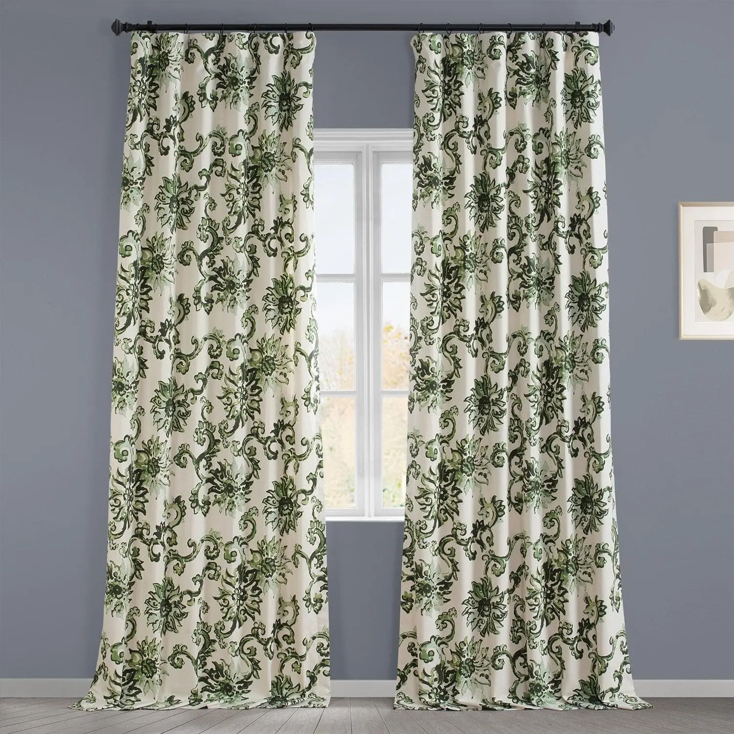 Indonesian Green Floral Printed Cotton Room Darkening Curtain