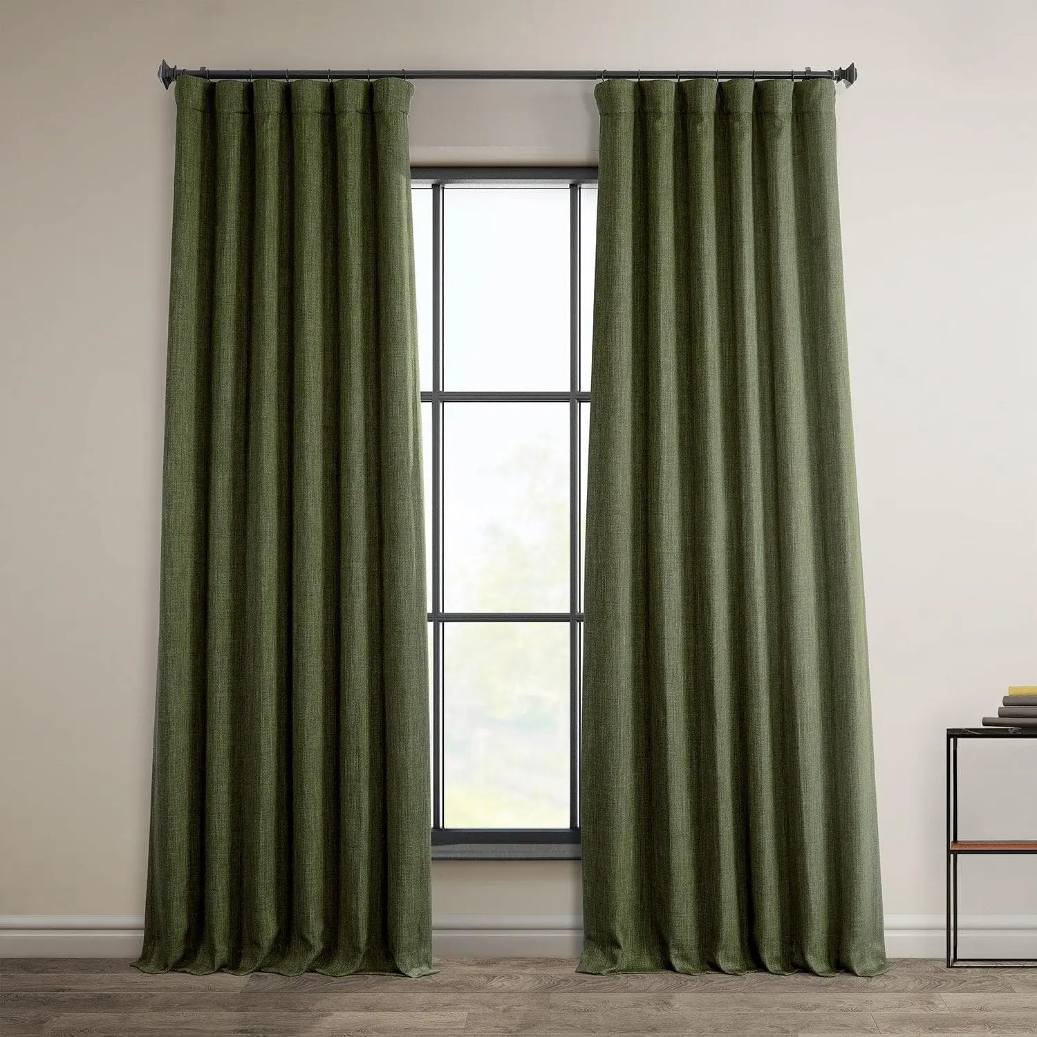 Khaki Green Textured Faux Linen Room Darkening Curtain