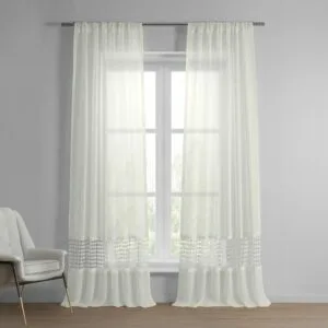 Lacy Daisy Off White Patterned Faux Linen Sheer Curtain