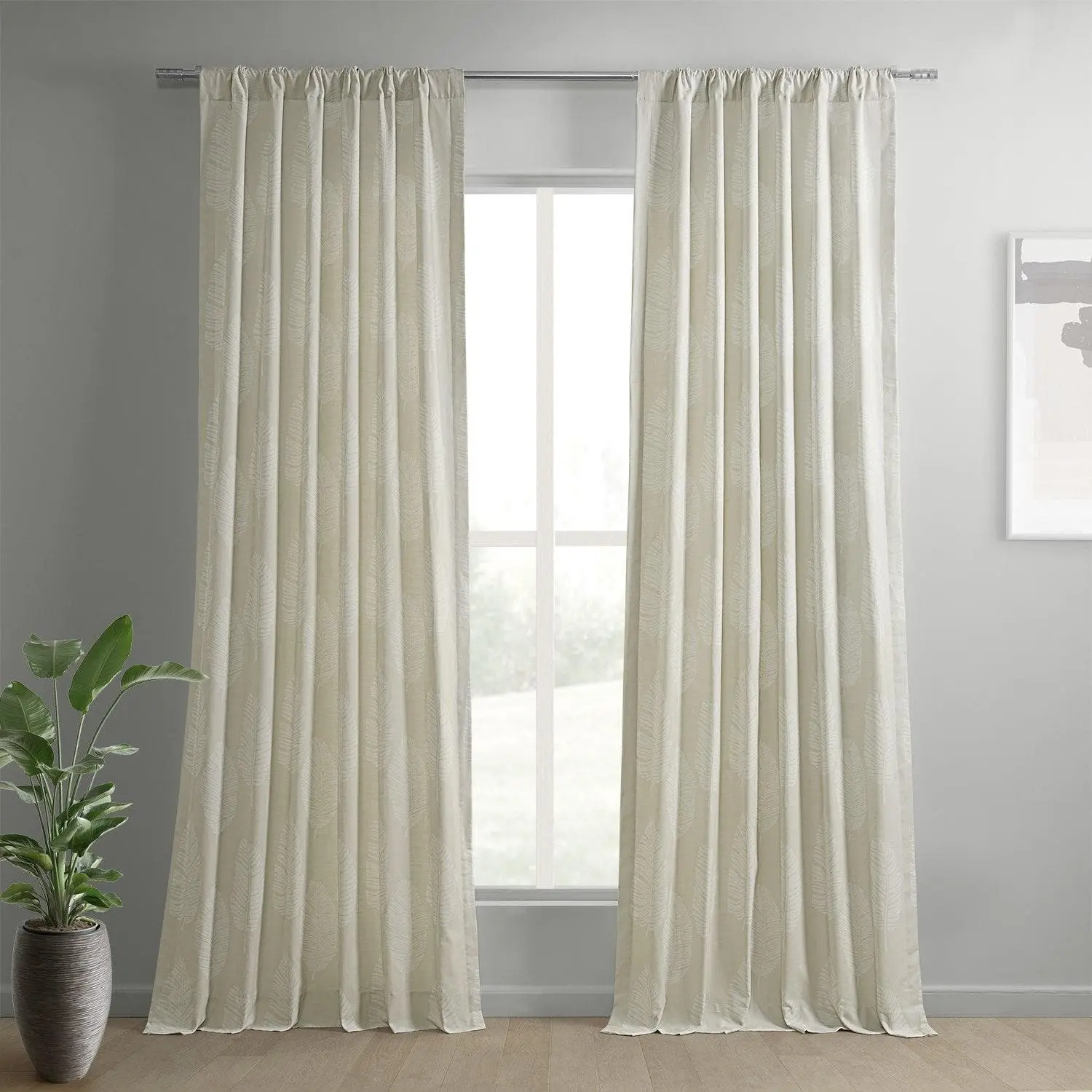 Leaflet White Floral Textured Printed Cotton Curtain
