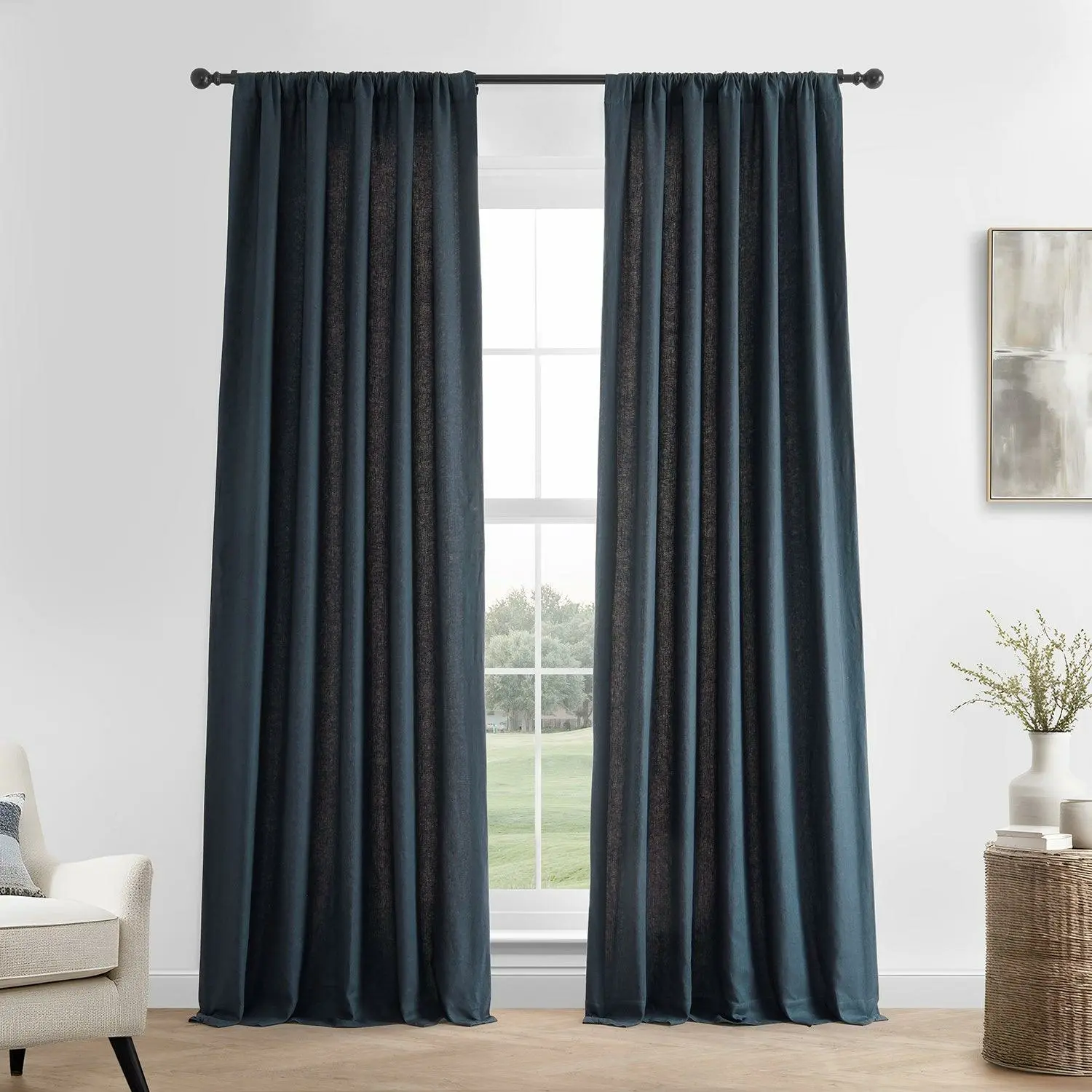 Native Navy French Linen Room Darkening Curtain