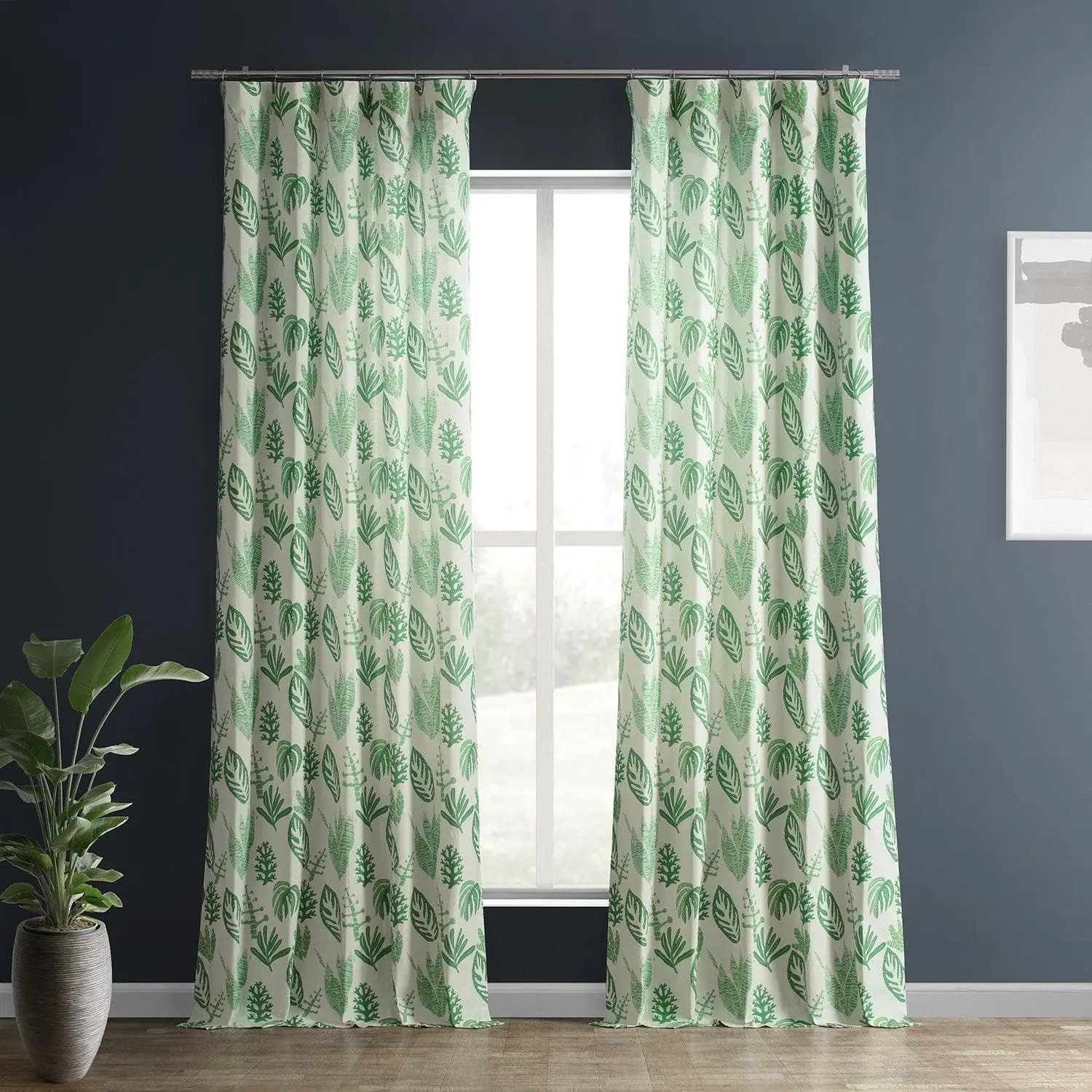 Palm Beach Green Floral Textured Printed Cotton Curtain