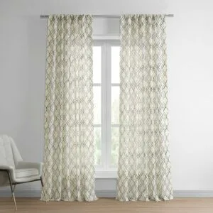 Saida Chocolate Geometric Embroidered Patterned Faux Linen Sheer Curtain