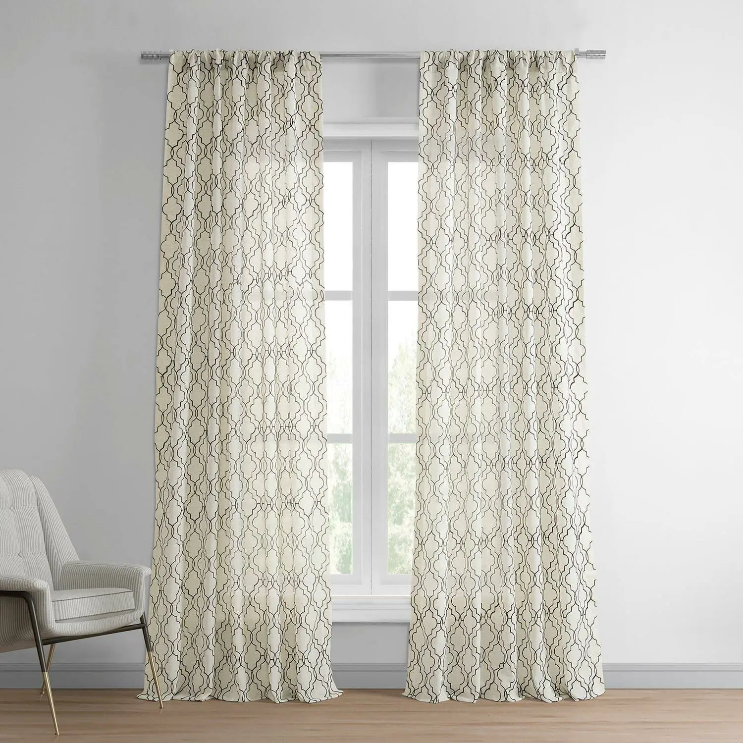 Saida Chocolate Geometric Embroidered Patterned Faux Linen Sheer Curtain