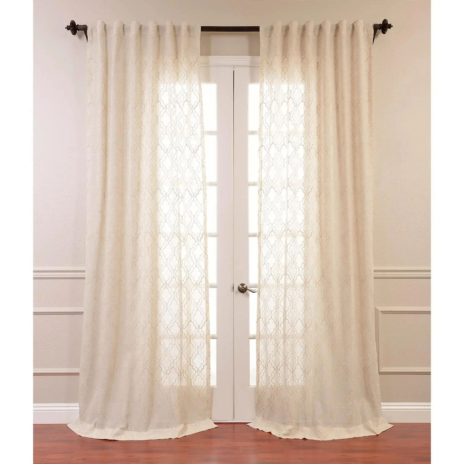 Saida Natural Geometric Embroidered Patterned Faux Linen Sheer Curtain