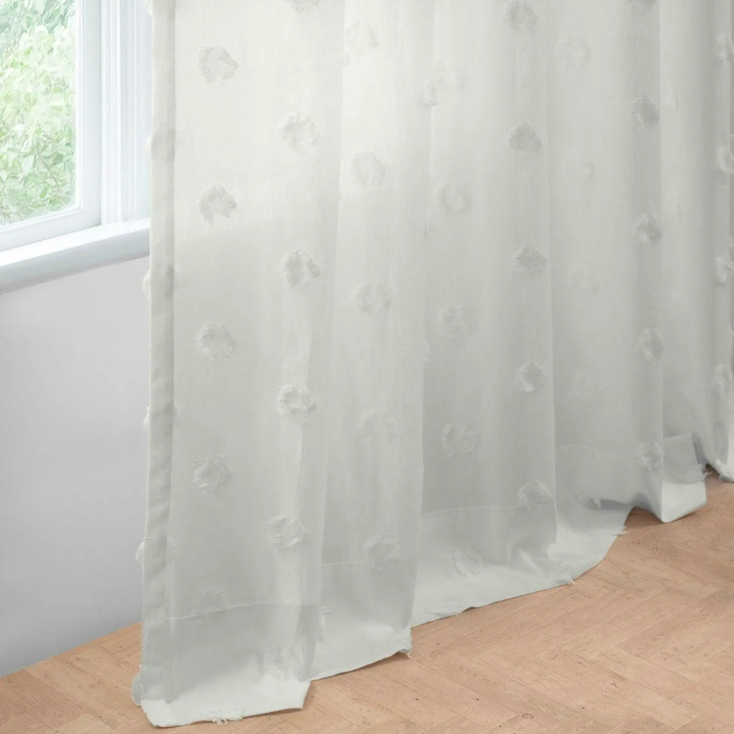 Serene White Geometric Cotton Craft Sheer Curtain Pair (2 Panels)