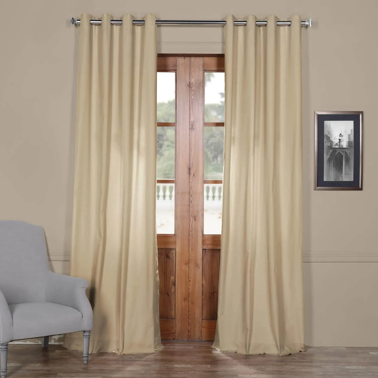 Shaker Beige Grommet Solid Cotton Curtain
