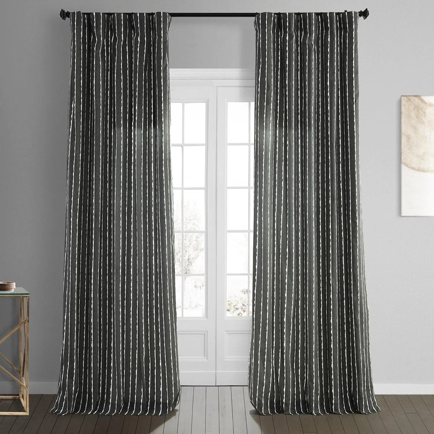 Sharkskin Black Solid Striped Printed Cotton Room Darkening Curtain