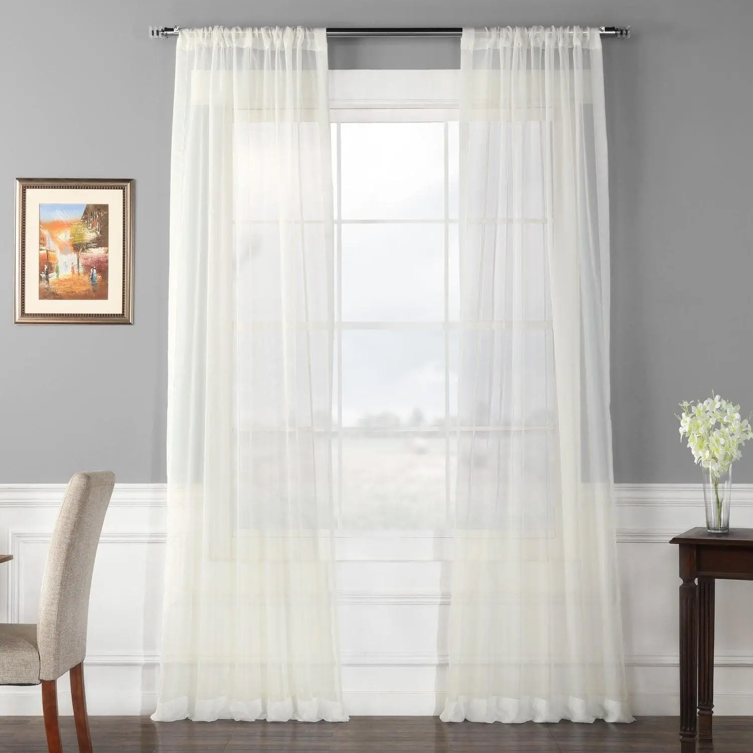 Solid Off White Polyester Sheer Curtain Pair (2 Panels)