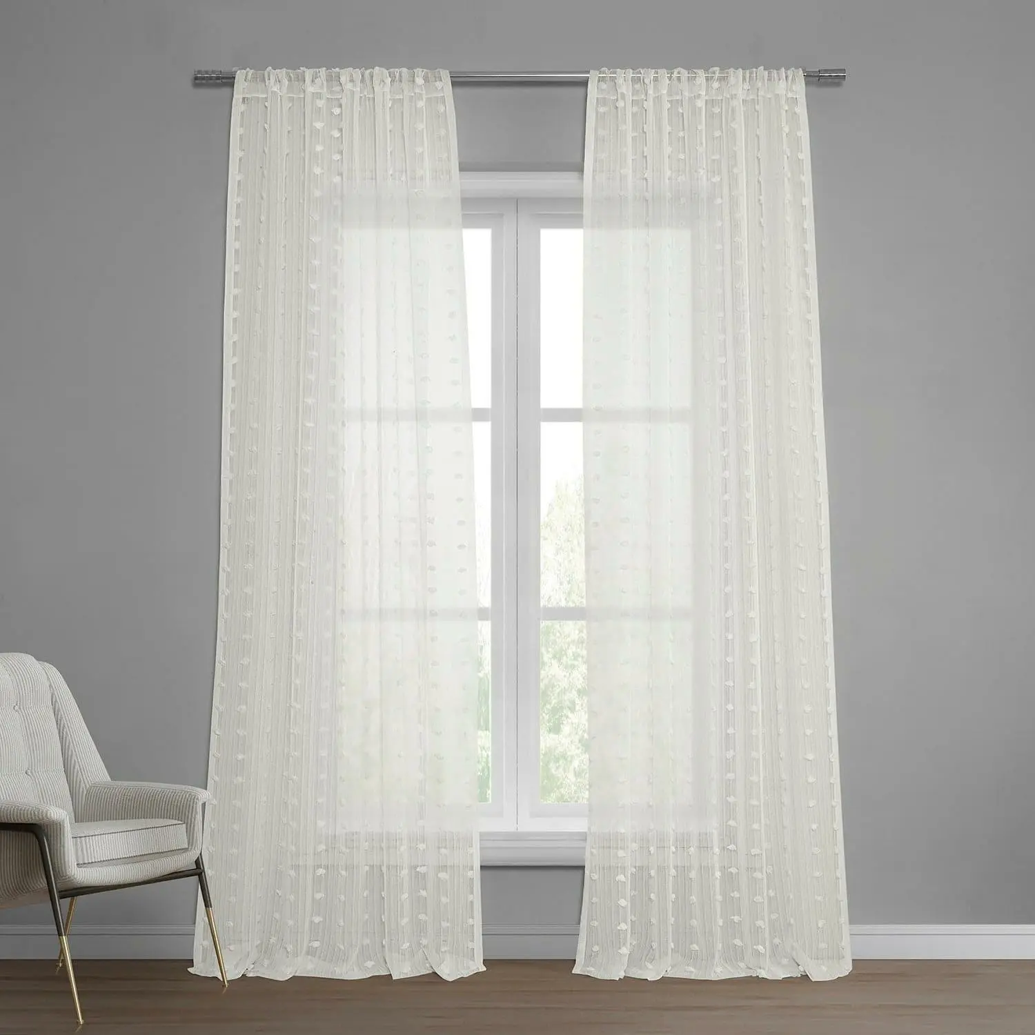 Strasbourg Dot Cream Geometric Patterned Faux Linen Sheer Curtain
