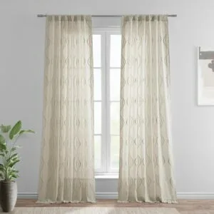 Suez Natural Striped Embroidered Patterned Faux Linen Sheer Curtain