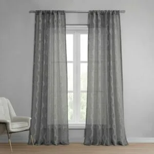Vega Charcoal Striped Patterned Faux Linen Sheer Curtain