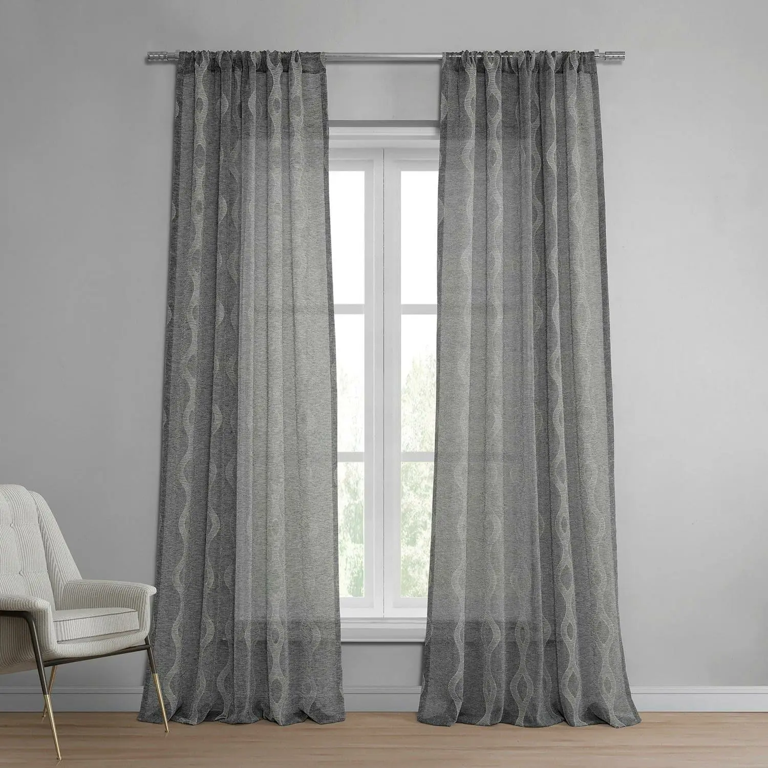 Vega Charcoal Striped Patterned Faux Linen Sheer Curtain
