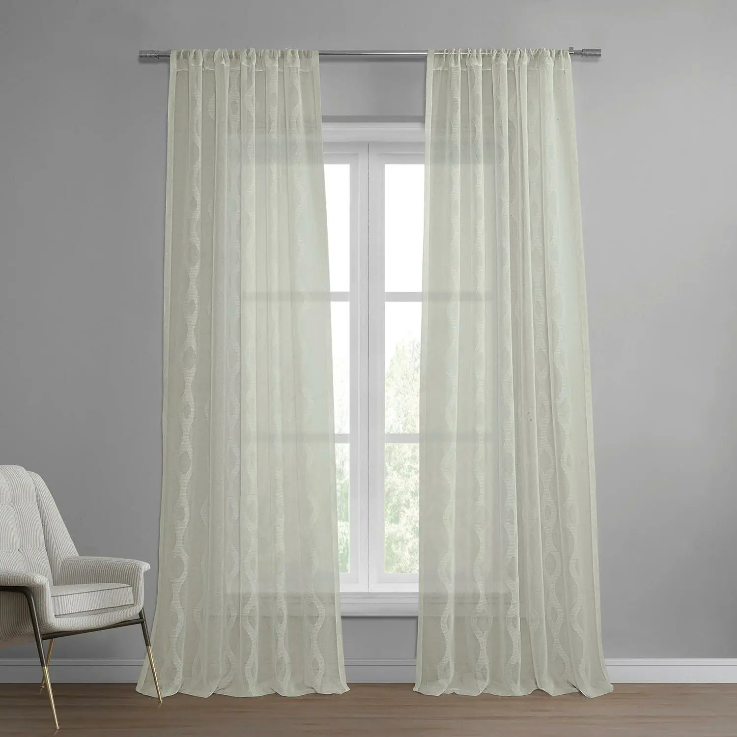 Vega White Striped Patterned Faux Linen Sheer Curtain