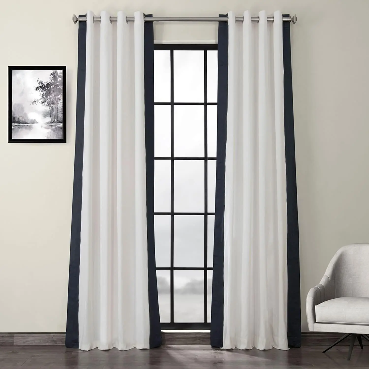 Fresh Popcorn & Polo Navy Bordered Grommet Vertical Printed Cotton Curtain