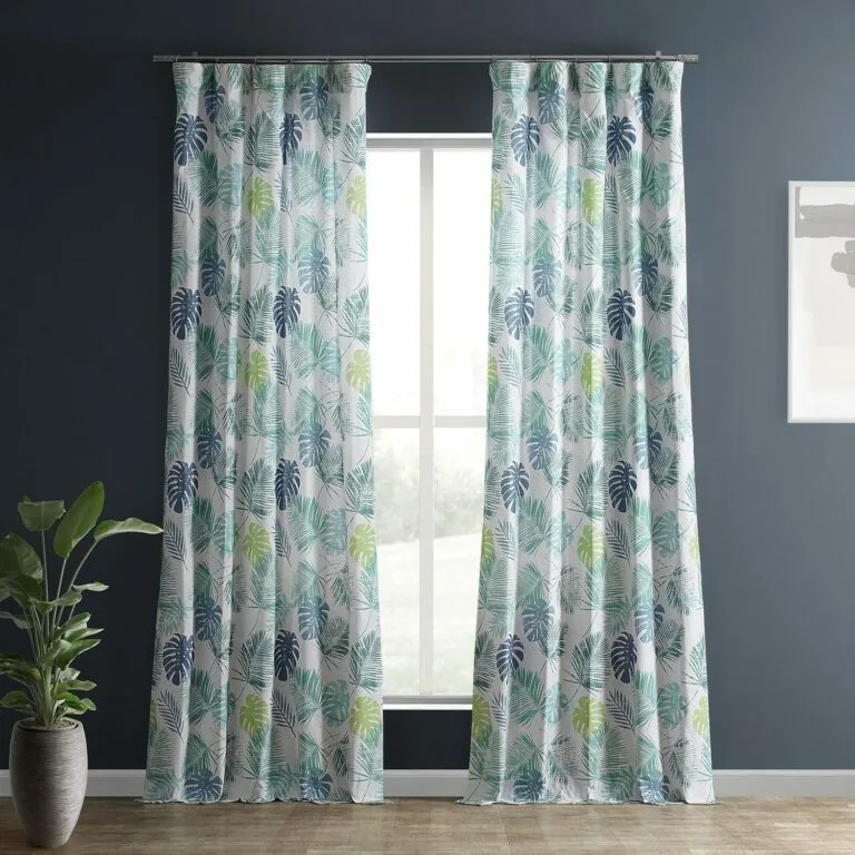 Rain Forest Light Blue Green Floral Textured Printed Cotton Curtain