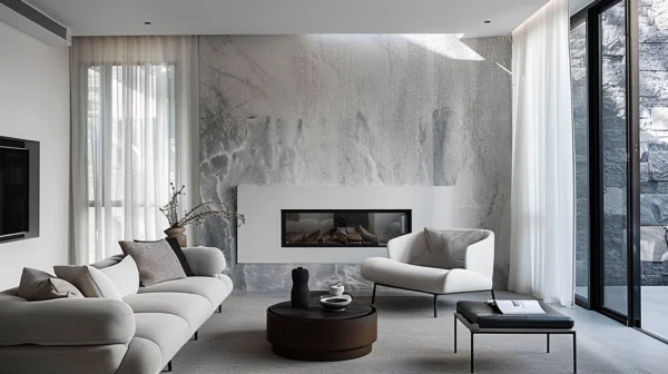 Chic Monochrome Living Room with Marble Fireplace