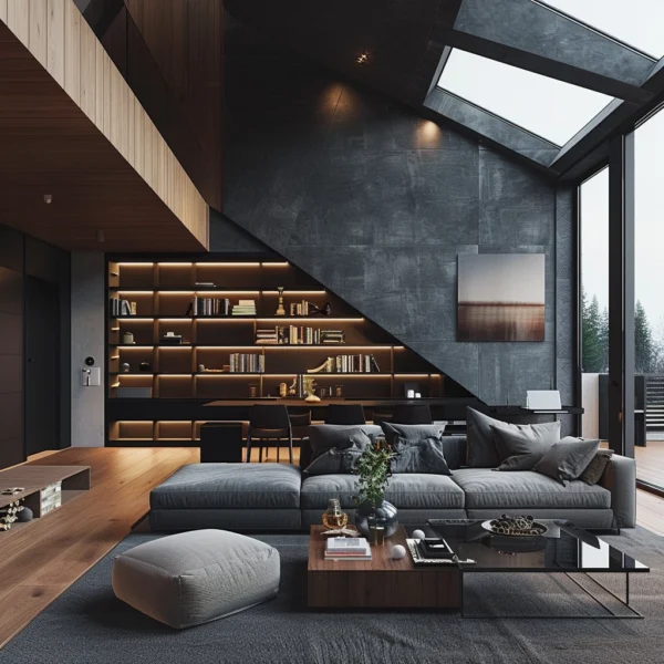 Dramatic Living Room with Skylight and Bookcase Wall