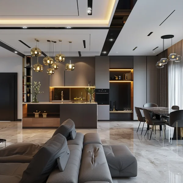 Luxe Modern Living Room with Statement Lighting