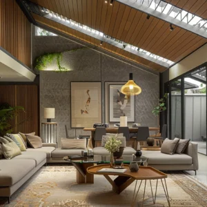 Refined Living Room with Skylights and Lush Greenery