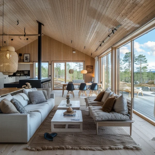 Scandinavian Living Room with Forest View