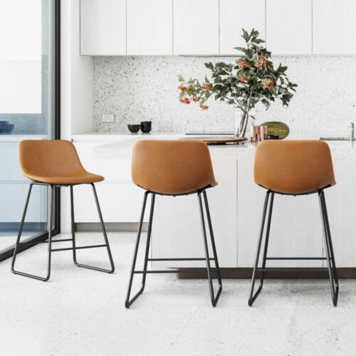 LUE BONA Bar Stools 3.5 in. Faux Leather Metal Frame Whiskey Brown (Set of 3)