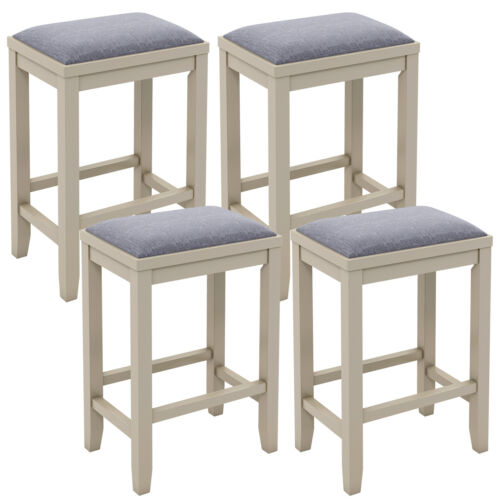 Set of 4 Upholstered Bar Stools Wooden Counter Height Dining Chairs White